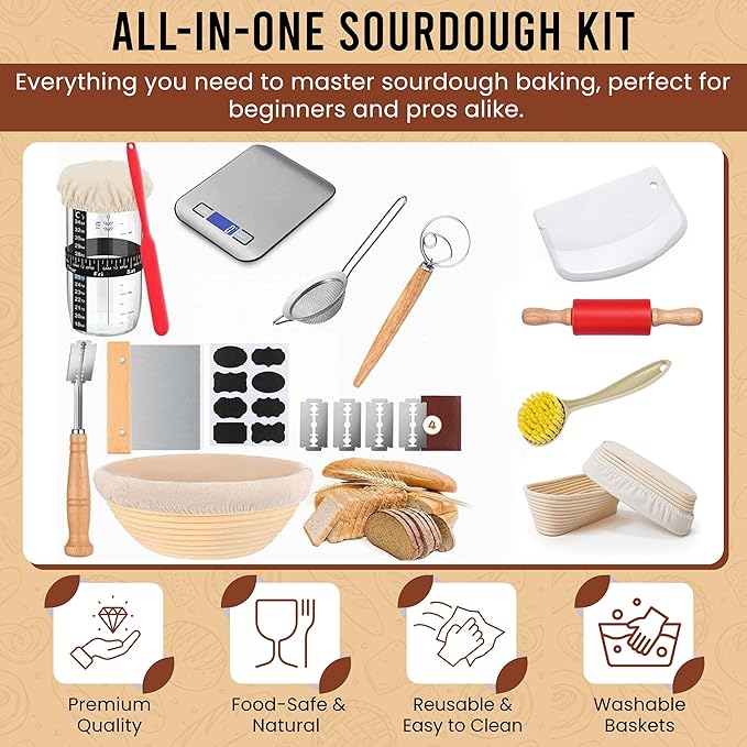 Sourdough Starter Kit with Scale - Sourdough Bread Baking Supplies with Banneton Bread Proofing Basket Set, Bowl Scraper, Silicone Spatula, Baking Mat | Sour Dough Kit & Bread Making Tools by Richni