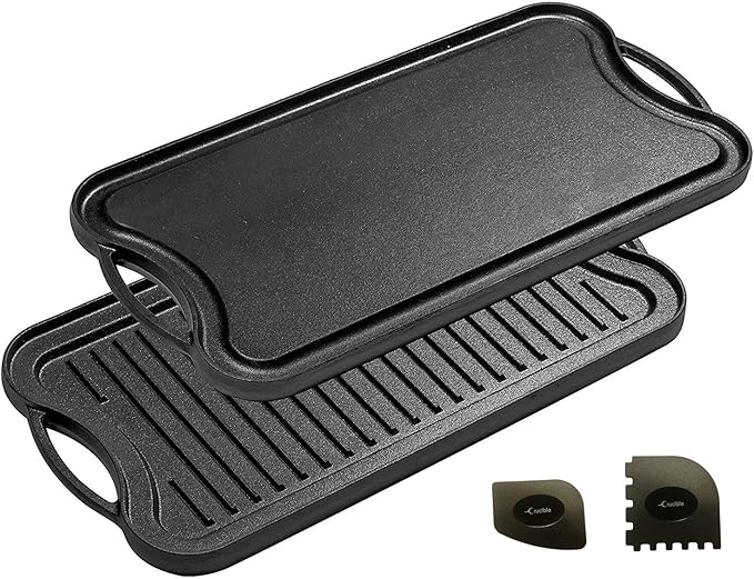 Cast Iron Griddle (20" by 10"), Reversible, Pre-Seasoned, Grill and Griddle Combo Pan, BBQ, Campfire, fits over two stovetop burners