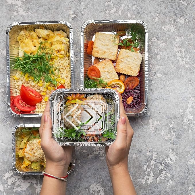 Stock Your Home 1 Lb Small Aluminum Pans with Lids (50 Pack) Foil Pans + Clear Plastic Lids, Disposable Cookware, Takeout Trays with Lids - To Go Disposable Food Containers for Restaurants & Catering