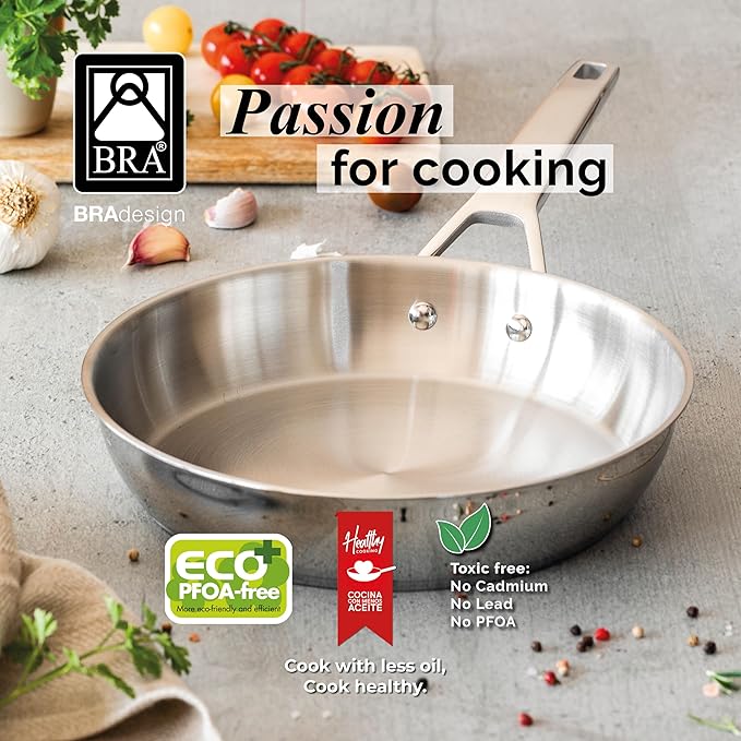 BRA COOKWARE Signature Deep Frying Pan | 11 inches Professional High Skillet | Stainless Steel Deep Frying Pan | All Stovetop Compatible | PFOA Free | w/o Non-Stick Coating | Polished Finish