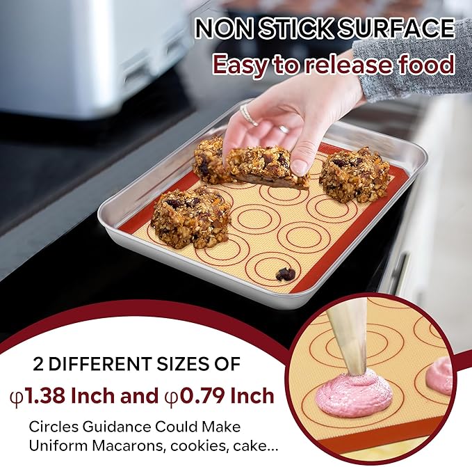 P&P CHEF 8.6 Inch Silicone Baking Mats, 2 Pcs Reusable Silicone Oven Mat, Non Stick Baking Supplies for Macaroon Pastry Bread Dough Cookie, Fits Well with Sheet Pan, Healthy & Easy Clean