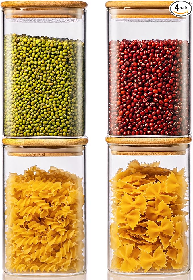 42oz - 4 Pack Square Glass Jars with Bamboo Lids, Glass Food Storage Containers with Airtight Lids for Kitchen, Air Tight Pantry Storage Containers for Cereal, Pasta, Rice, Sugar, Coffee, Spice