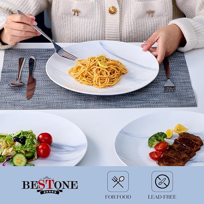 bestone Dinner Plates, 10.5 Inch Plates Set of 6, Porcelain Round Dessert Salad Dinner Plates, Serving Dishes for Kitchen, Dishwasher, Microwave, Freezer, Oven Safe, Marble Blue