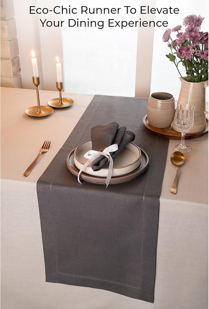 D'Moksha Homes Linen Charcoal Grey Table Runner 90 Inches Long - Classic Hemstitch 100% Pure Linen Dining Table Runner 14 x 90 Inch for Summer, Fall and Halloween