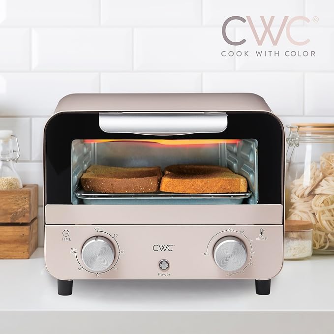 COOK WITH COLOR Mini Toaster Oven: 600W Power, Precision Timer, Auto Shutoff, and Culinary Delights Up To 450 Degrees, Pink