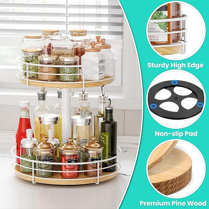 Two Tier Lazy Susan Organizer Turntable Height Adjustable, 2 Tier Wood Lazy Susan 12 Inch, Rotating Spice Rack Organizer for Cabinet Dining Table Top Kitchen Bathroom Countertop White