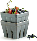 Gomakren Ceramic Berry Basket Set of 2, Square Fruit Bowls with Holes, Fruit Basket Containers for Kitchen, Cute Strawberry Basket for Berries, Grape, Cherry, Slate Blue
