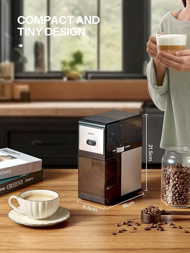 Electric Burr Coffee Grinder, Reemix Automatic Flat Burr Coffee for French Press, Drip Coffee and Espresso, Adjustable Burr Mill, Black+Silver