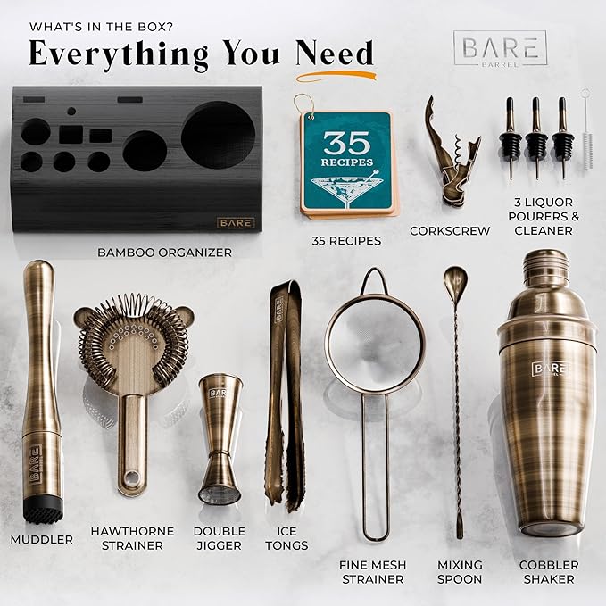 BARE BARREL® Mixology Bartender Kit Bar Set | 14-Piece Cocktail Shaker Set | Martini Barware Mixing Tools for Home Bartending | Incl. 35 Recipe Cards | Gift Set (24oz Cobbler Shaker, Brass/Black)