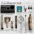 BARE BARREL® Mixology Bartender Kit Bar Set | 14-Piece Cocktail Shaker Set | Martini Barware Mixing Tools for Home Bartending | Incl. 35 Recipe Cards | Gift Set (24oz Cobbler Shaker, Brass/Black)