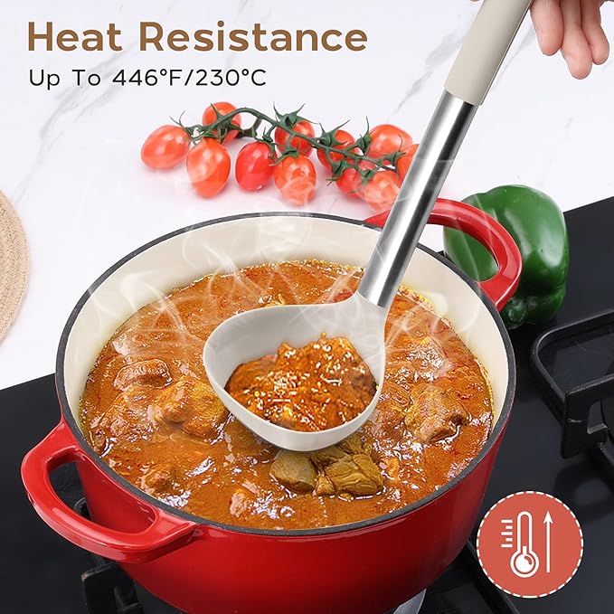 Silicone Cooking Utensils Set of 15, Kitchen Utensils Set with Holder for Nonstick Cookware, 446°F Heat Resistant Stainless Steel Handle - Khaki