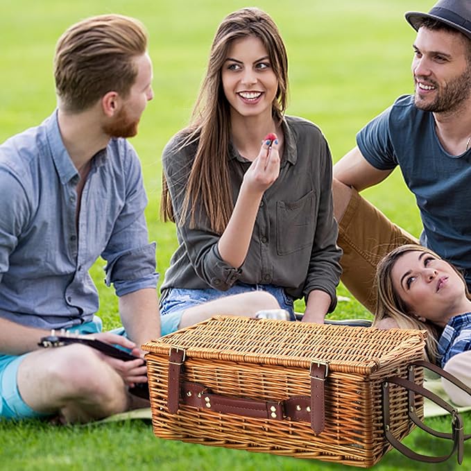 Picnic Basket Set for 4 with Waterproof Blanket Mat Insulation Bag Wicker Red Plaid Classic Vintage Gifts for Wedding Birthday Summer Camp Outdoor Camping Beach Travel Christmas Thanksgiving