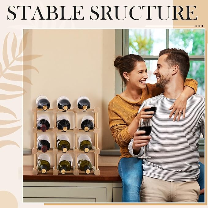 Juexica 12 Bottles Wooden Wine Rack Stackable Modular Storage Racks DIY Assembly Wine Bottle Holder for Inside Cabinet Countertop Cellar Racks(1 Pack)