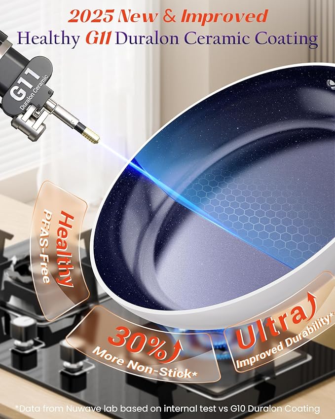 Nuwave Essential Series 5PC Ceramic Cookware Set PFAS-Free, G11 Duralon Blue Coating, Pots and Pans Set Non Stick, Diamond Scratch-Resistant,Stay-Cool Handle, Metal Lid,Induction Ready,Dishwasher Safe