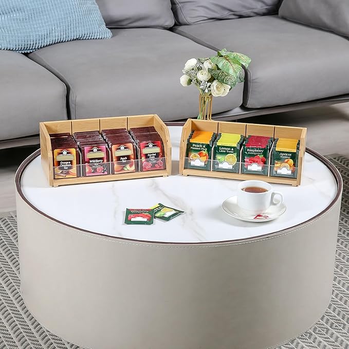 2-Layer Stackable Bamboo Tea Bag Organizer Storage Holder & Rack - Wooden Tea Box Containers - Stand for Countertop or Cabinet