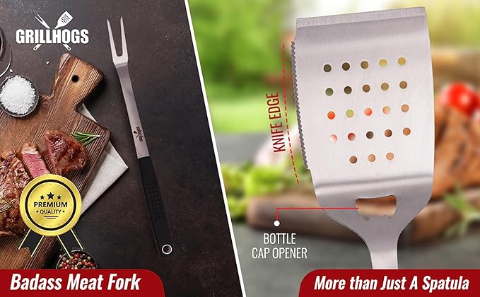 Heavy Duty BBQ Grilling Tool Set, Premium Soft Grip Tongs, Spatula with Bottle Opener and Serrated Edge, Barbecue Meat Fork, Stainless Steel Basting Brush, Premium BBQ Utensils Set (4 Piece)