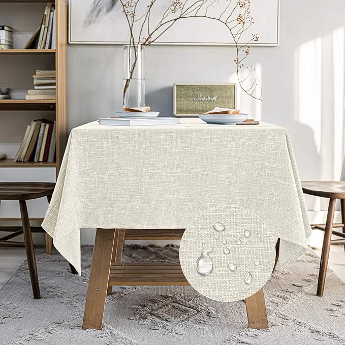 Waterproof Cotton Linen Tablecloths Round Dining Table Cloth, Wipe Clean Indoor & Outdoor Table Cover for Buffet Party and Banquets, Wrinkle Resistant（54" Diameter） Beige