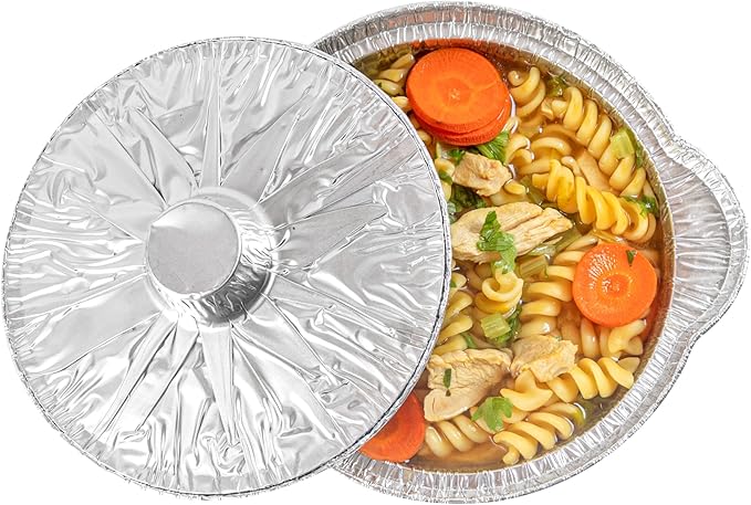 Foil Lux 34 Ounce Pans And Lids, 100 Disposable Pots With Lids - Oven-Ready, Stove Compatible, Aluminum Foil Baking Pans, Freezable, For Outdoor Camping, Vacation, Picnic, And More - Restaurantware