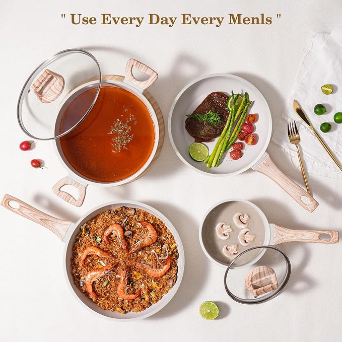 12Pcs Non-Stick Pots and Pans Set, White Granite Induction Cookware Set, Non-Toxic Healthy NonStick Kitchen Cooking Set with Pans Set, Soup Pot (No PFAS/PFOA/PFOS)