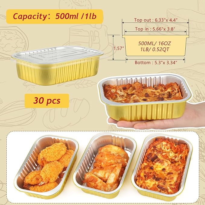 LNYZQUS 1lb Small Aluminum Pans With Lids 30 Pack, 16oz Foil Baking Tins Leftover Containers Takeout To Go Food Containers With PP Covers,Disposable Individual Pie Cake Pans Holders