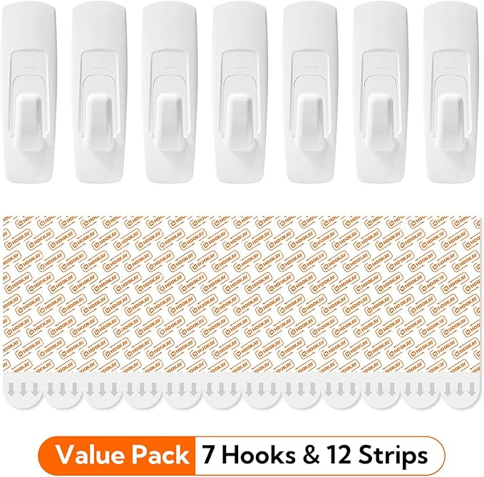 hookay 5lbs Utility Hooks, Damage-Free Hanging Wall Hooks, No Tools Removable Hanging Organizational Items in Living Spaces, 7 Hooks, 12 Adhesive Strips