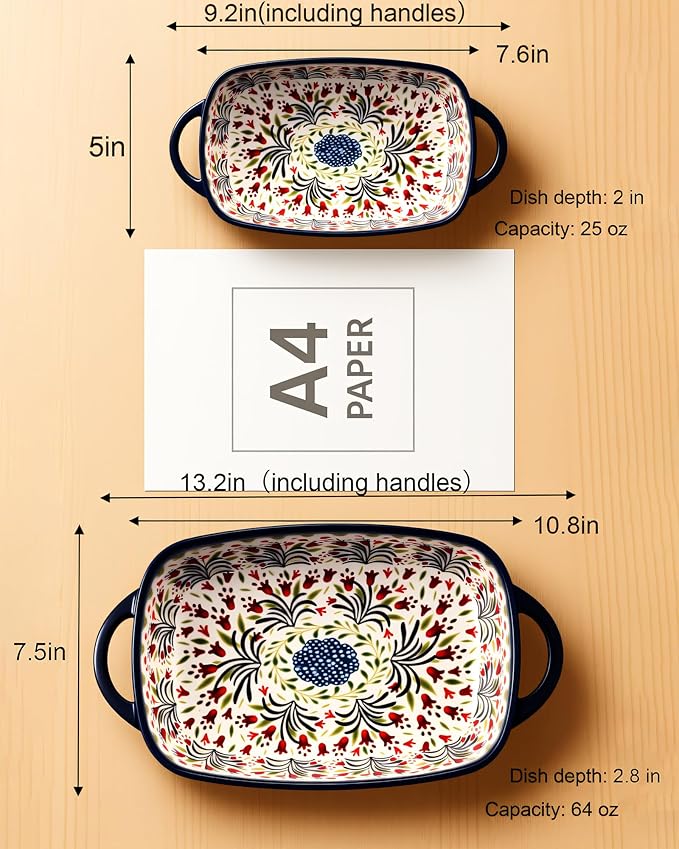 Ceramic Baking Dish Set of 2 – Decorative Polish Pottery Style Casserole Dishes with Handles, Cute Oven-Safe Lasagna Bakeware Gift Set