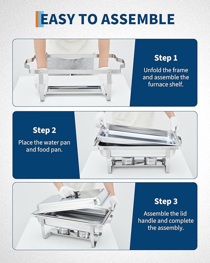 Garvee Chafing Dish Buffet Set 4 Pack, 8QT Buffet Servers and Warmers Set with Lid & Foldable Frame, Rectangular Stainless Steel Chafer Food Warmer for Parties Wedding Catering Supplies, Silver