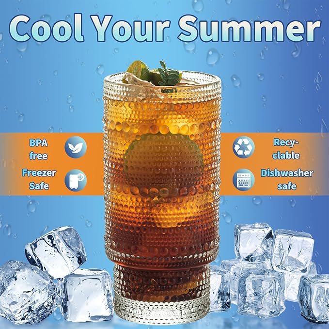 Romantic Highball Drinking Glasses Set of 4, Beaded Glassware, 16oz XL Hobnail Glassware, Vintage Glassware Set, Embossed Vintage Drinking Glasses for Beer, Cocktail, Soda (4PCS-16oz with lid)