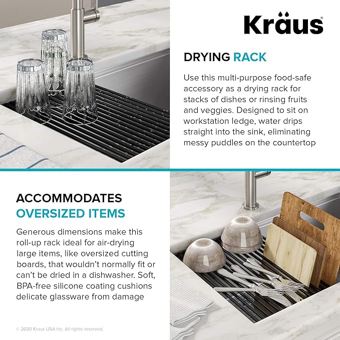 Kraus Multipurpose Workstation Sink Roll-Up Dish Drying Rack, Colander and Trivet in Red, KRM-11RD