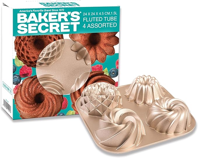 Baker's Secret Nonstick Fluted Cake Pan, Heavy Duty Die Cast Aluminum Fluted Cake Baking Pans, 2 Layers Non-stick Coating For Easy Release - The Cast Aluminum Collection (4mini Loves)