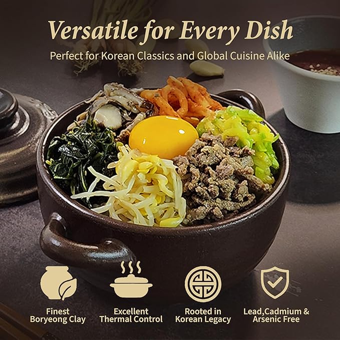 Korean Stone Bowl (34oz) Clay Pot for Cooking Korean Dishes - Brown, Large, Rustic Style - Dolsot, Ttukbaegi, Onggi, Kimchi Stone Donabe - With Lid