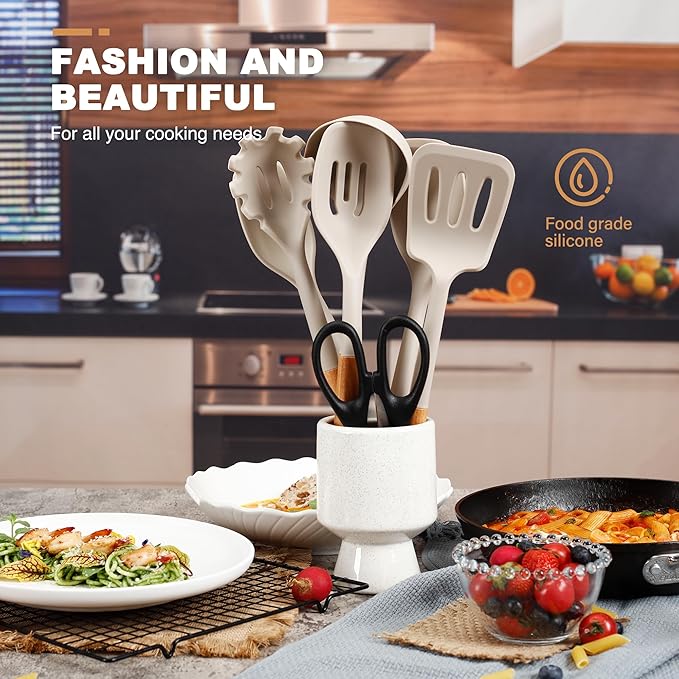 QMVESS Silicone Cooking Utensils Set, Kitchen Utensils Set 7 Pcs with Long Wooden Handle, Food Grade and Heat Resistant Large Silicone Spatula Set for Nonstick Cookware, BPA Free（Khaki）