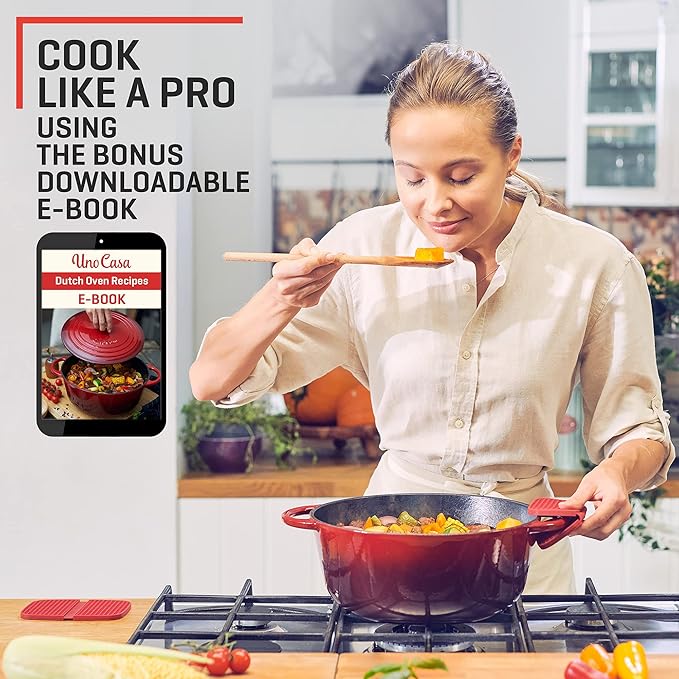 Uno Casa Enameled Cast Iron Dutch Oven - Red - 6Qt Dutch Oven Pot with Lid, Long-Lasting Enamel Casserole Dish for Bread Baking, Stews, and Roasting - Durable Non-Stick Iron Cookware for Versatile Cooking