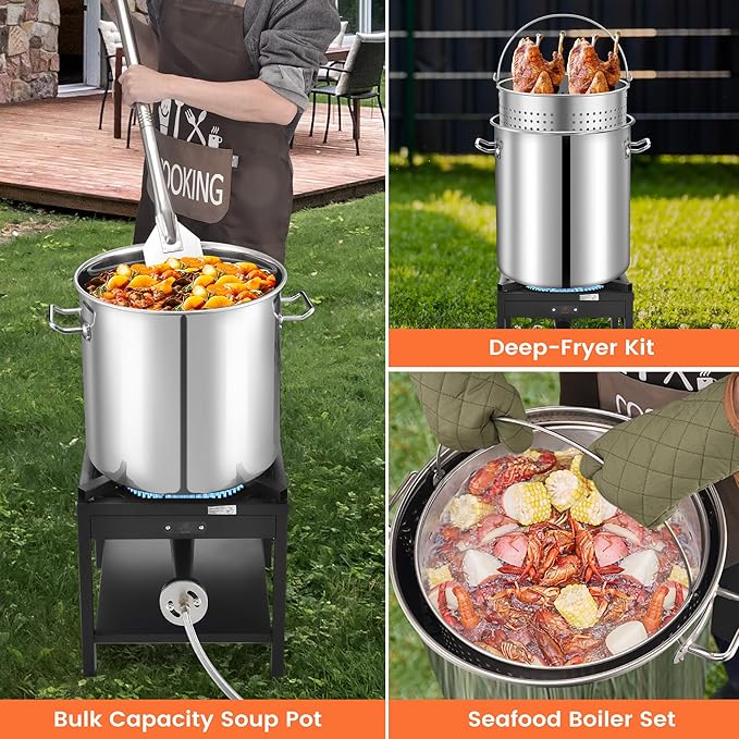 ARC 64QT Stainless Steel Seafood Boiling Turkey Fryer Kit with Strainer and Propane Stove with 200,000BTU, Stainless Steel Crawfish Boil Pot and Burner for Outdoors Cooking and Steaming, Non-Assembly