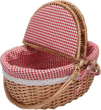 Natural Rattan Picnic Basket for 4 Adults - Portable Wicker Hamper with Removable Red & White Gingham Lining, Foldable Handles & Lockable Lid, Detachable Cushioned Tote (15"x11"x7" Outdoor Essentials)