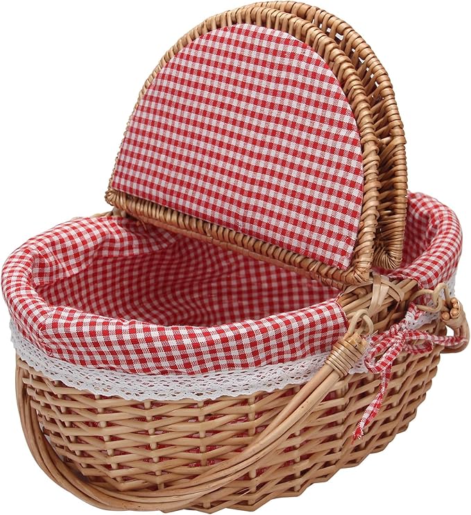 Natural Rattan Picnic Basket for 4 Adults - Portable Wicker Hamper with Removable Red & White Gingham Lining, Foldable Handles & Lockable Lid, Detachable Cushioned Tote (15"x11"x7" Outdoor Essentials)