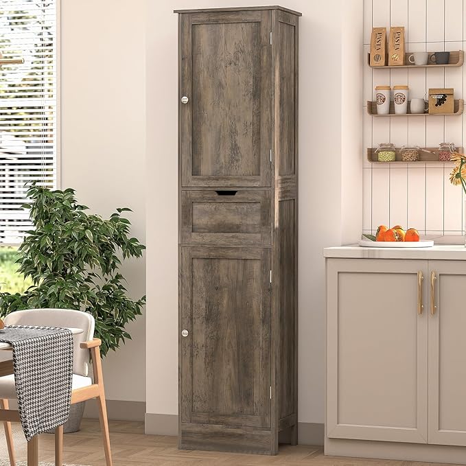 Iwell 67" Tall Storage Cabinet, Narrow Storage Cabinet with Drawer & Adjustable Shelves, Bathroom Cabinet, Floor Cabinet for Living Room, Home Office, Rustic Oak