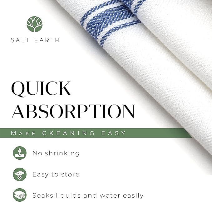 Salt Earth Kitchen Towels Cotton Dish Towel Size 24x14 Inches Set of 6 100% Ring Spun Cotton Absorbent Quick Dry Herringbone Weave Lint Free Washable Dishcloth Hanging Loop Color White & Blue Stripe