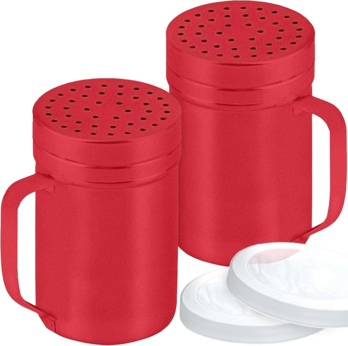 CUSINIUM 14oz Red Stainless Steel Salt Pepper Dredge Shakers - With Plastic Cap - With Handle - Pack of 2