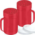 CUSINIUM 14oz Red Stainless Steel Salt Pepper Dredge Shakers - With Plastic Cap - With Handle - Pack of 2