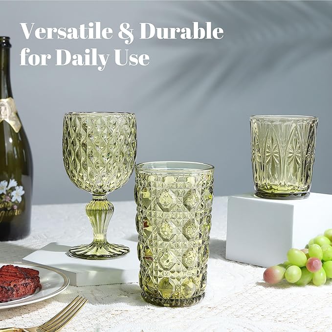 Joeyan Green Vintage Drinking Glasses,Embossed Small Water Glass Tumbler with Floral Design,11oz Colored Decorative Glassware for Beverages Juice Whisky Cocktail Beer Wine,Set of 6,Dishwasher Safe