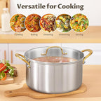 BEZIA 6 Quart Tri-Ply Stainless Steel Stockpot，Even Heat Distribution, Cooking Pot With Sturdy Handles, Oven-Safe Up to 500°F, Compatible with All Cooktops, Perfect for Soups & Stews, Silver