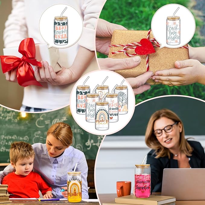 6 Pcs Teacher Gifts for Women Bulk 16 oz Christmas Teacher Appreciation Glass Cups with Bamboo Lid and Glass Straw Can Shaped Drinking Cups for Party Favor Supplies