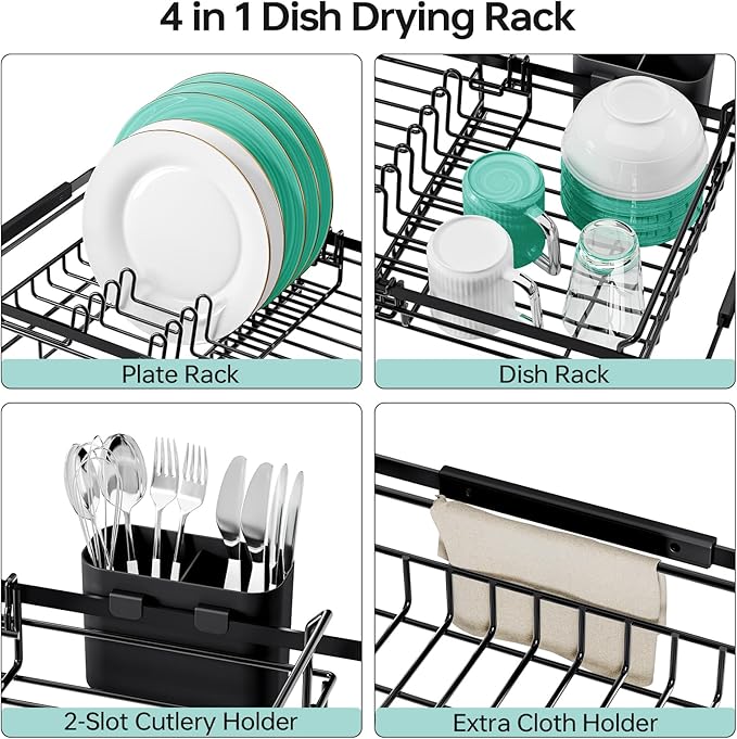 Expandable Dish Drying Rack Over The Sink, Adjustable Dish Rack in Sink, Dish Drainer for Kitchen Counter, Dish Strainer with Utensil Holder, Dish Rack Fit for 14"-19" Kitchen Sink, Matte Black