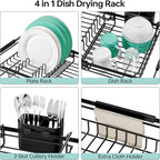 Expandable Dish Drying Rack Over The Sink, Adjustable Dish Rack in Sink, Dish Drainer for Kitchen Counter, Dish Strainer with Utensil Holder, Dish Rack Fit for 14"-19" Kitchen Sink, Matte Black