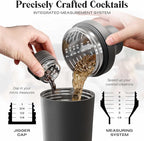 Insulated Cocktail Shaker Set | Double Wall Stainless Steel | Martini Shaker for Home Bar Bartending | Built-in Drink Measurement System & Strainer, Travel Bag, 35 Recipes | Gift Set (Matt Black)