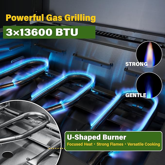 34-Inch Premium Built-In Liquid Propane Griddle for Outdoor Kitchen, 3-Burner Heavy Duty Stainless Steel Flat Top Grill with Lid, 48,000 BTUs, Large Cooking Area for BBQ Island, Outdoor Cooking,Silver