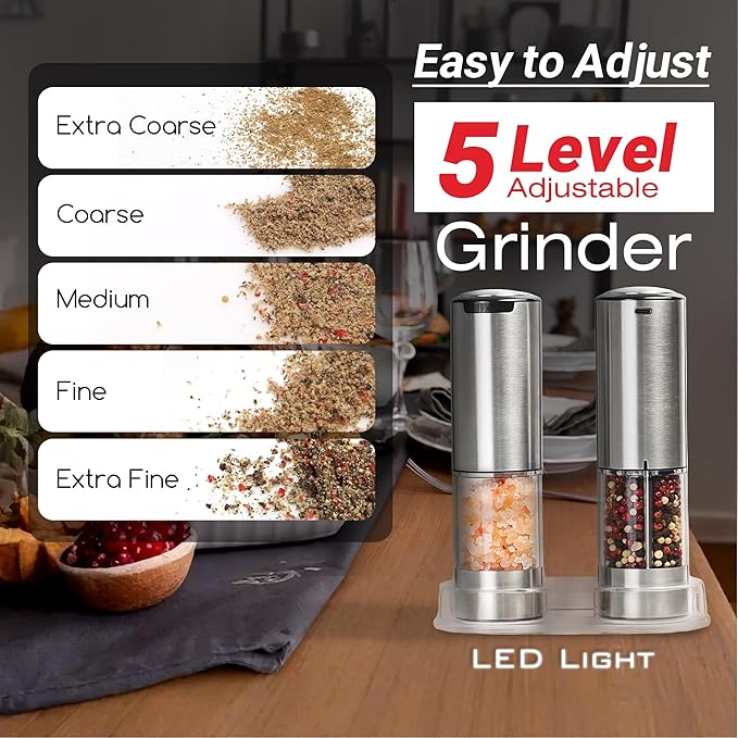 Electric Salt and Pepper Grinder Set – Automatic One-Handed Operation, Rechargeable Stainless Steel Mills, LED Light, 5-Level Adjustable Coarseness, Large 95ml Capacity and Clear Base