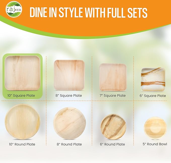 Raj Eco Compostable Palm Leaf Plates Like Bamboo Plates Disposable - 10 Inch Square 50 Party Plate, Natural Wooden, Eco-Friendly, Fancy Biodegradable & Disposable Wedding Picnic Plate