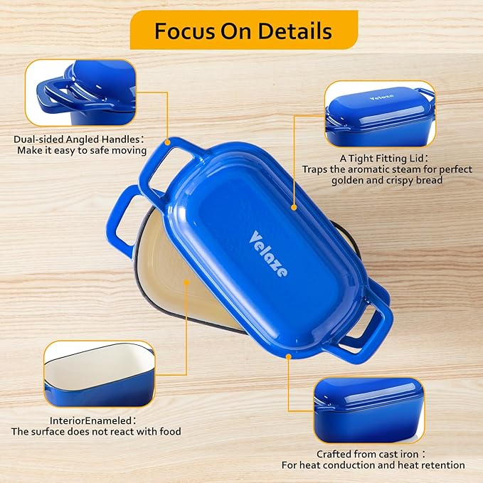 Velaze 3.6QT Dutch Oven for Bread Baking,Oval Cast Iron Enameled Bread Oven Pan with Lid and Offset Handles,Oven Safe to 500°F for Homemade Sourdough Bread(Blue)